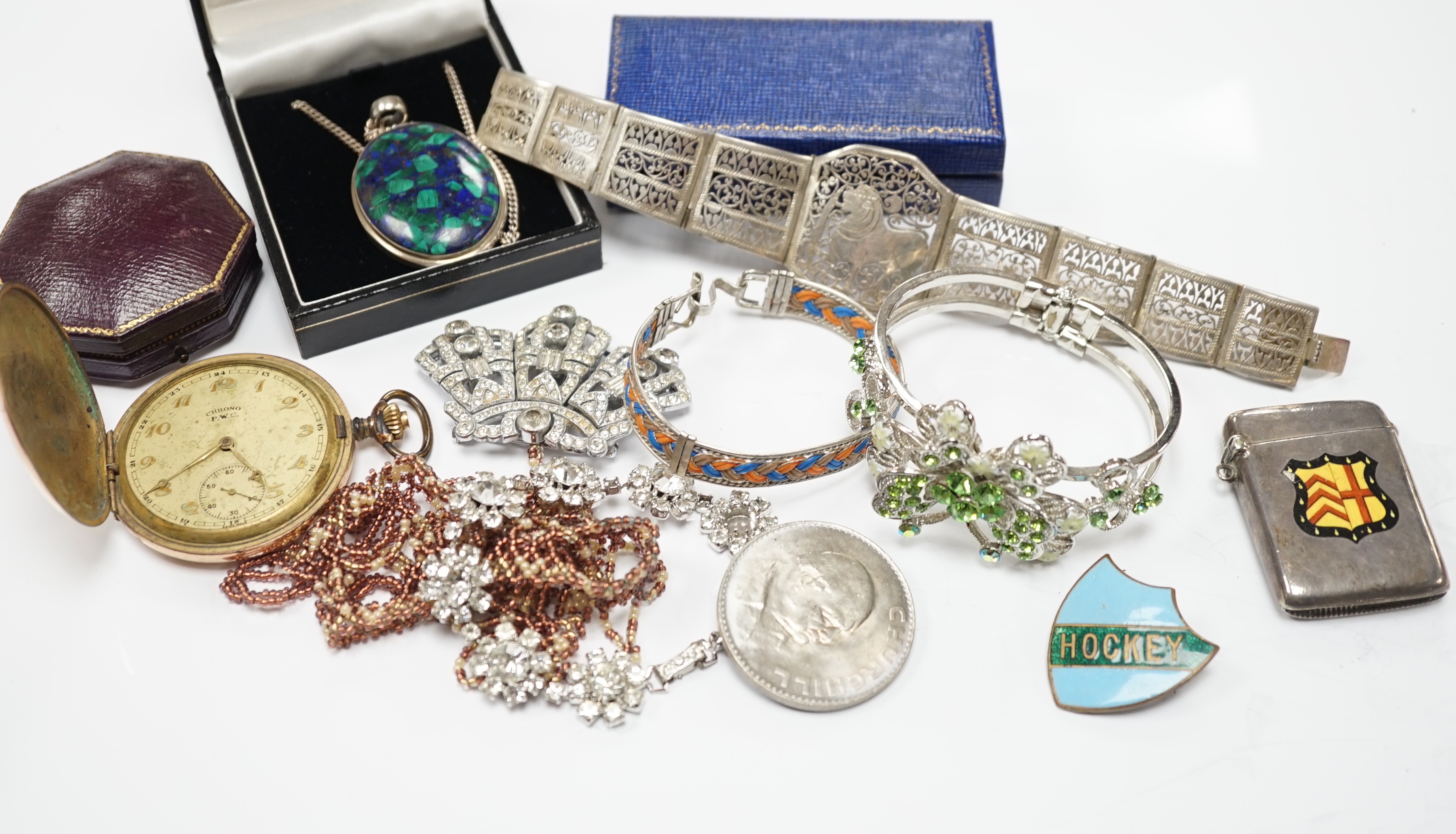 A small quantity of assorted costume jewellery, gold plated pocket watch, silver vesta case, etc.